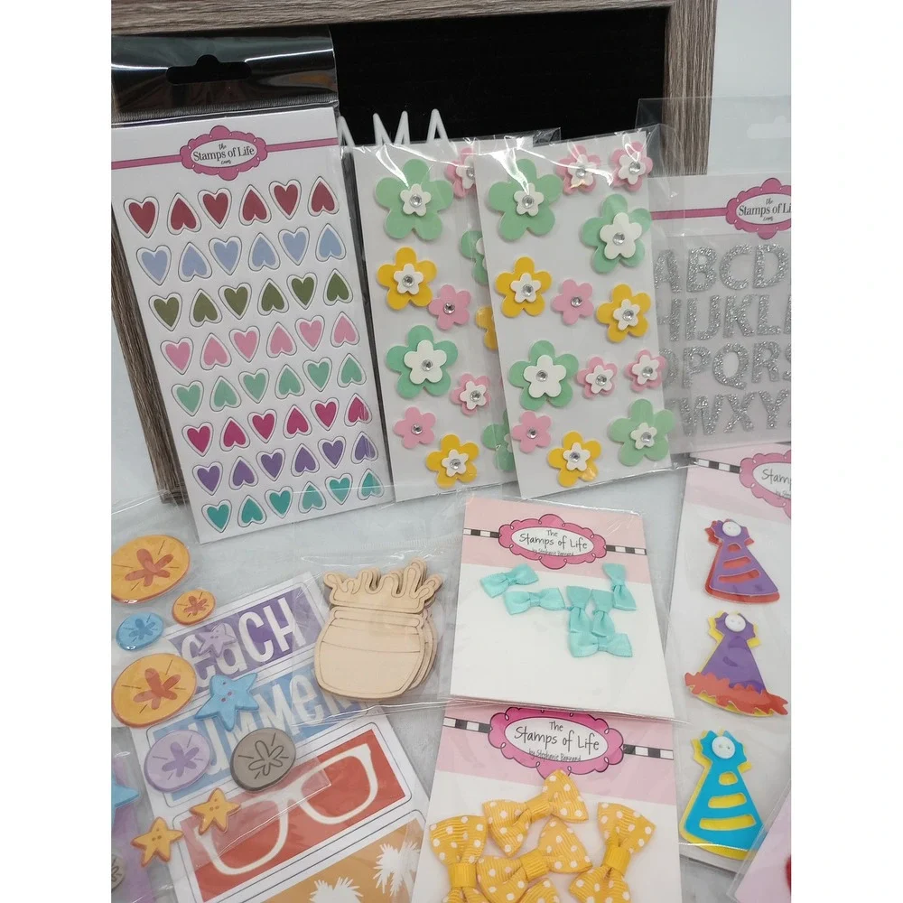 Stamps of Life Craft Embellishment Lot Multicolor Stickers Bows Felt Chipboard